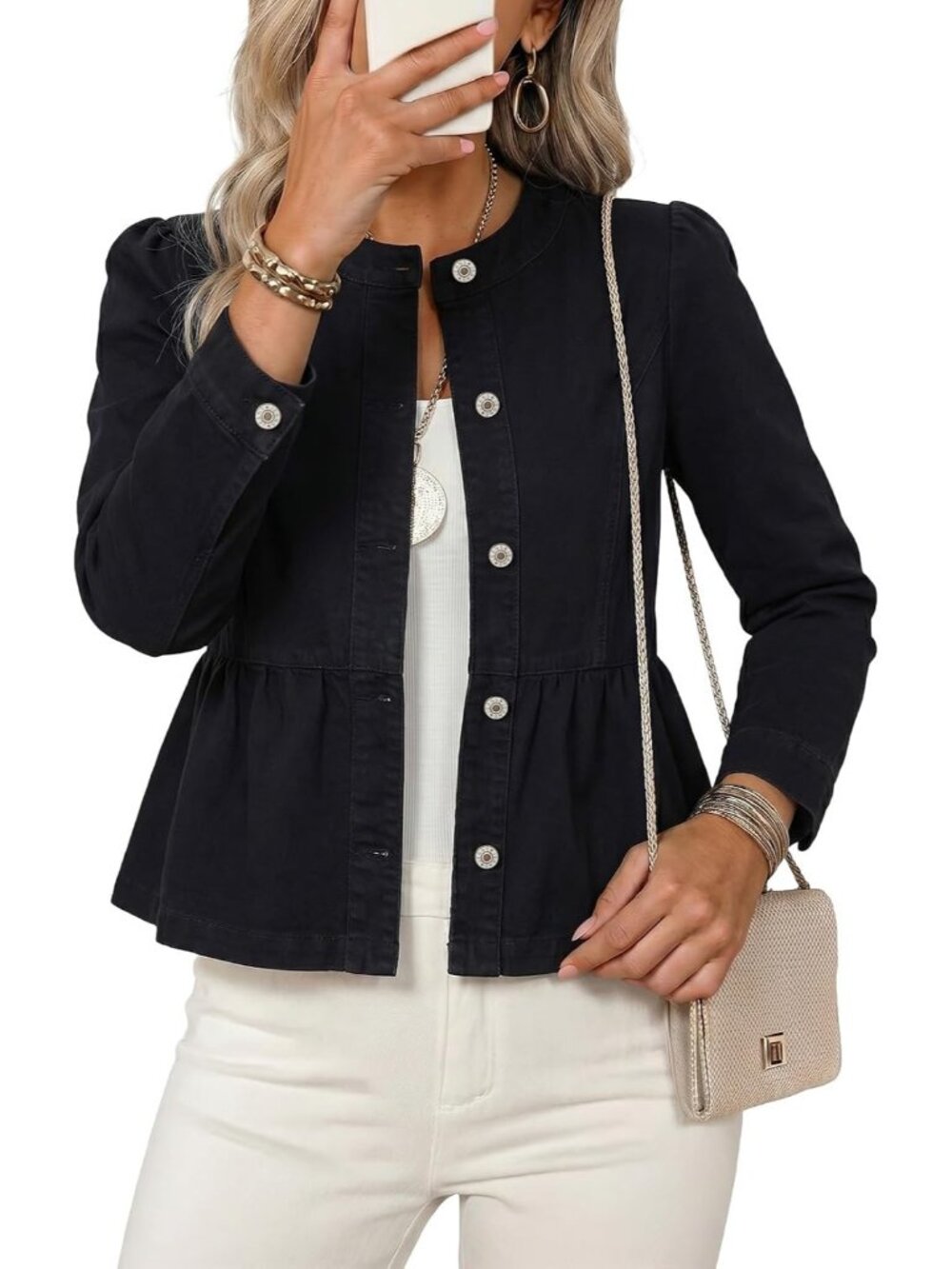 Women's Black Long Sleeve Button Down Cropped Waist Denim Jeans Jacket